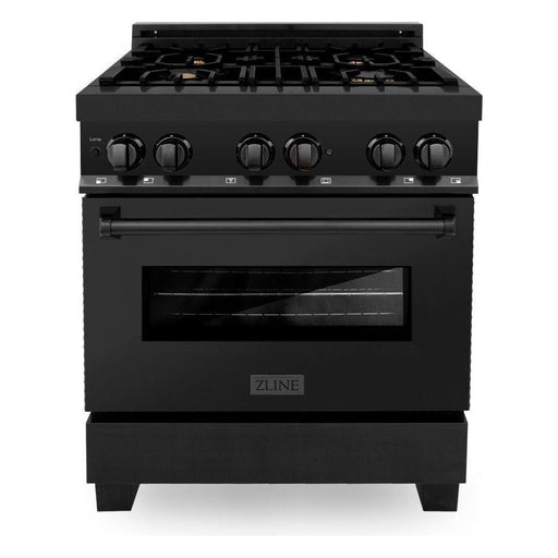 ZLINE 5-Piece Appliance Package - 30-Inch Gas Range with Brass Burners, Refrigerator with Water Dispenser, Convertible Wall Mount Hood, Microwave Drawer, and 3-Rack Dishwasher in Black Stainless Steel (5KPRW-RGBRH30-MWDWV)