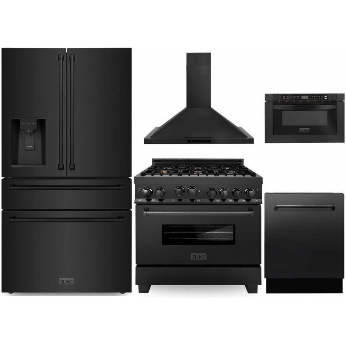 ZLINE 5-Piece Appliance Package - 36-Inch Gas Range with Brass Burners, Refrigerator with Water Dispenser, Convertible Wall Mount Hood, Microwave Drawer, and 3-Rack Dishwasher in Black Stainless Steel (5KPRW-RGBRH36-MWDWV)