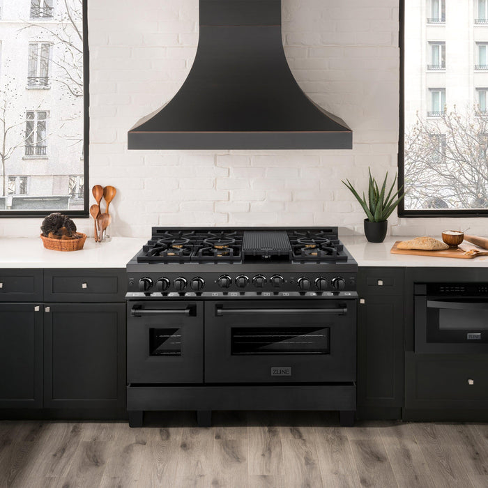 ZLINE Kitchen Appliance Packages ZLINE 5-Piece Appliance Package - 48 In. Gas Range, Range Hood, Refrigerator, Microwave and Dishwasher in Black Stainless Steel, 5KPR-RGBRH48-MWDWV