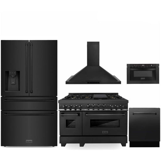 ZLINE Kitchen Appliance Packages ZLINE 5-Piece Appliance Package - 48-Inch Gas Range, Refrigerator with Water Dispenser, Convertible Wall Mount Hood, Microwave Drawer, and 3-Rack Dishwasher in Black Stainless Steel (5KPRW-RGBRH48-MWDWV)