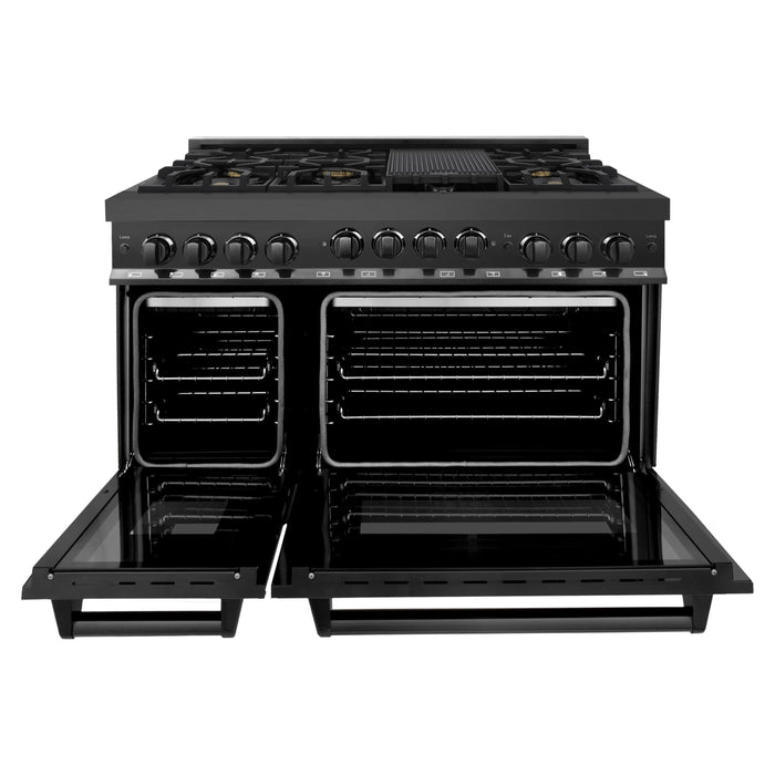 ZLINE Kitchen Appliance Packages ZLINE 5-Piece Appliance Package - 48-Inch Gas Range, Refrigerator with Water Dispenser, Convertible Wall Mount Hood, Microwave Drawer, and 3-Rack Dishwasher in Black Stainless Steel (5KPRW-RGBRH48-MWDWV)