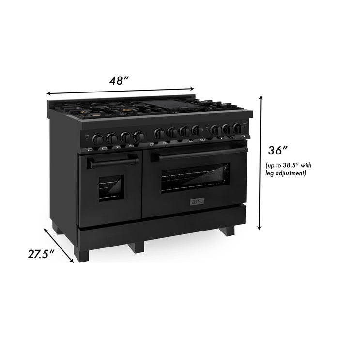 ZLINE 5-Piece Appliance Package - 48-Inch Gas Range, Refrigerator with Water Dispenser, Convertible Wall Mount Hood, Microwave Drawer, and 3-Rack Dishwasher in Black Stainless Steel (5KPRW-RGBRH48-MWDWV)