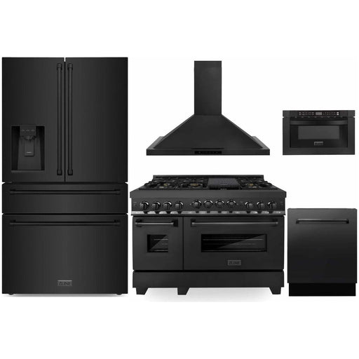 ZLINE 5-Piece Appliance Package - 48-Inch Gas Range, Refrigerator with Water Dispenser, Convertible Wall Mount Hood, Microwave Drawer, and 3-Rack Dishwasher in Black Stainless Steel (5KPRW-RGBRH48-MWDWV)