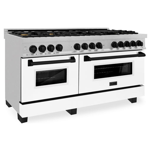 ZLINE Ranges ZLINE 60" Autograph Edition Gas Burner, Electric Oven in DuraSnow® Stainless Steel with White Matte Door and Black Accents, RASZ-WM-60-MB