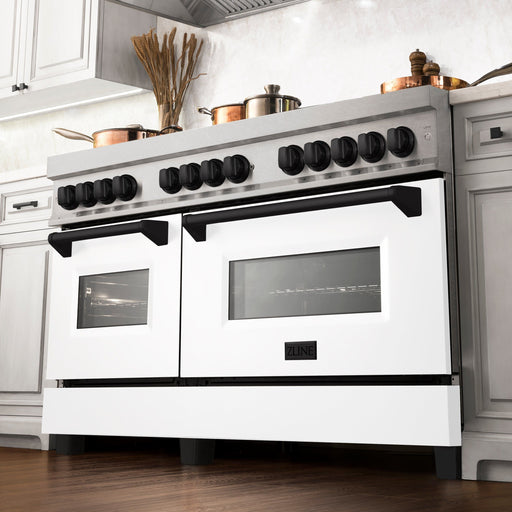 ZLINE Ranges ZLINE 60" Autograph Edition Gas Burner, Electric Oven in DuraSnow® Stainless Steel with White Matte Door and Black Accents, RASZ-WM-60-MB