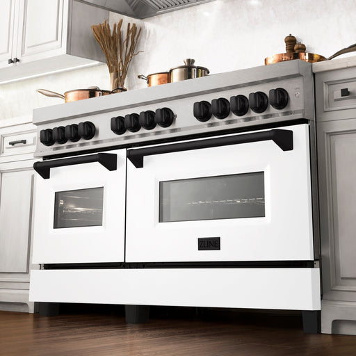 ZLINE 60 In. Autograph Edition Gas Burner, Electric Oven in DuraSnow® Stainless Steel with White Matte Door and Black Accents, RASZ-WM-60-MB