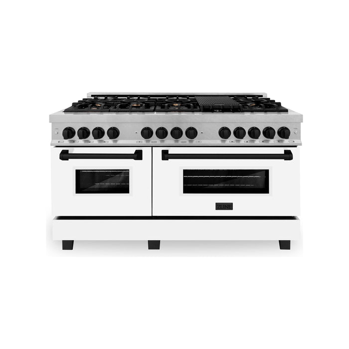 ZLINE 60 In. Autograph Edition Gas Burner, Electric Oven in DuraSnow® Stainless Steel with White Matte Door and Black Accents, RASZ-WM-60-MB