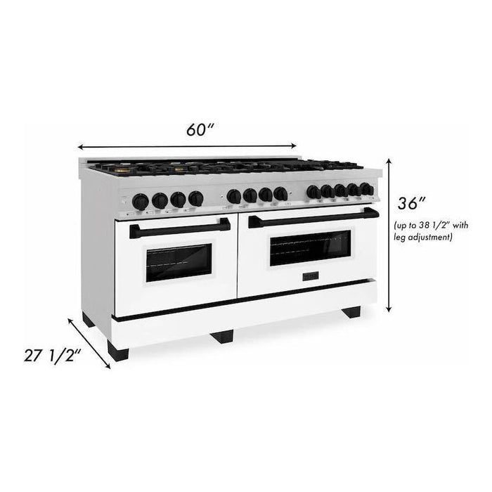 ZLINE 60 In. Autograph Edition Gas Burner, Electric Oven in DuraSnow® Stainless Steel with White Matte Door and Black Accents, RASZ-WM-60-MB