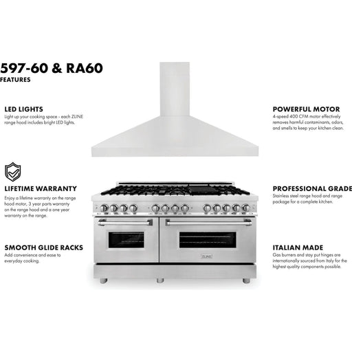 ZLINE 60 in. Dual Fuel Range and 60 in. Range Hood Appliance Package 2KP-RARH60