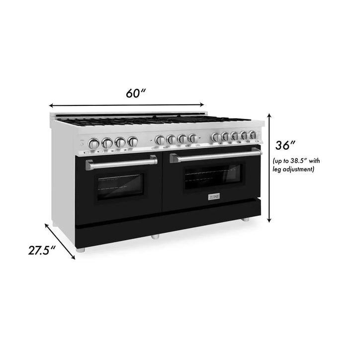 ZLINE 60 In. Professional Dual Fuel Range in DuraSnow®Stainless Steel with Black Matte Door, RAS-BLM-60