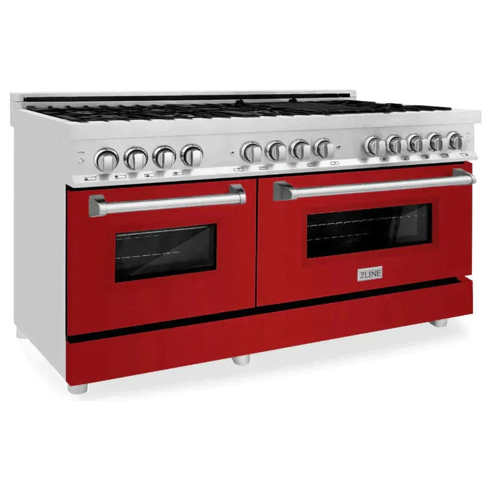 ZLINE 60 In. Professional Dual Fuel Range in DuraSnow®Stainless Steel with Red Matte Door, RAS-RM-60