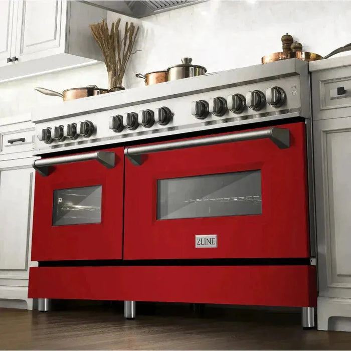 ZLINE 60 In. Professional Dual Fuel Range in DuraSnow®Stainless Steel with Red Matte Door, RAS-RM-60