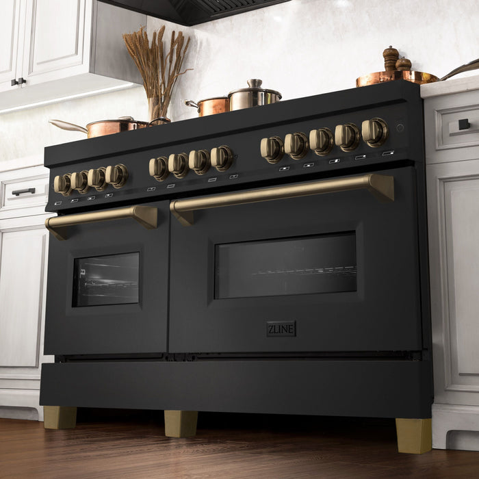 ZLINE 60 Inch Autograph Edition Dual Fuel Range In Black Stainless Steel with Champagne Bronze Accents RABZ-60-CB