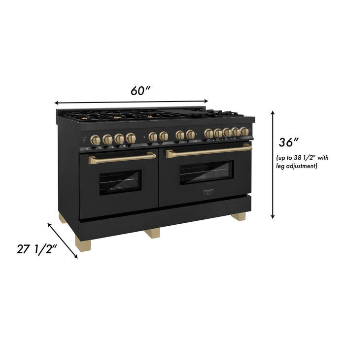 ZLINE Ranges ZLINE 60 Inch Autograph Edition Dual Fuel Range In Black Stainless Steel with Champagne Bronze Accents RABZ-60-CB