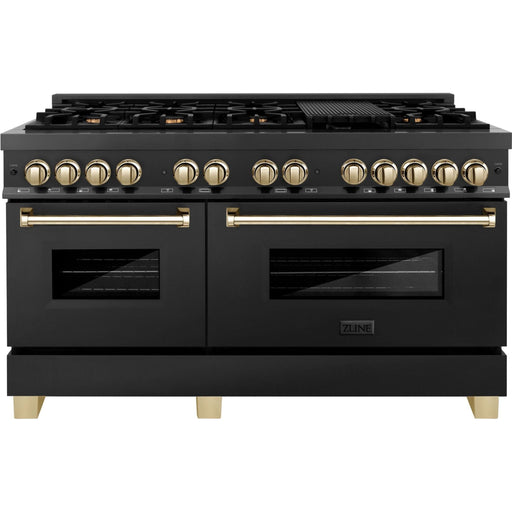 ZLINE Ranges ZLINE 60 Inch Autograph Edition Dual Fuel Range In Black Stainless Steel with Gold Accents RABZ-60-G
