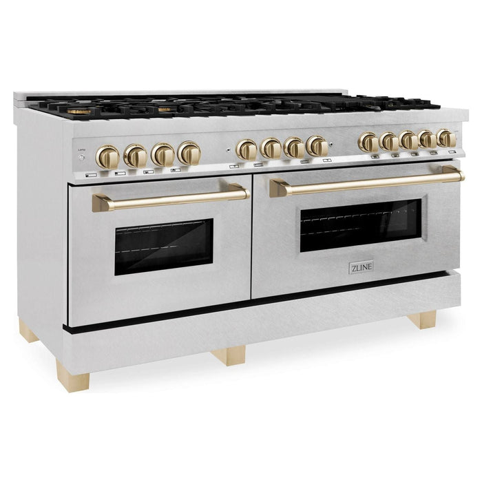 ZLINE 60 Inch Autograph Edition Dual Fuel Range in DuraSnow® Stainless Steel with Gold Accents, RASZ-SN-60-G