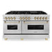 ZLINE 60 Inch Autograph Edition Dual Fuel Range in DuraSnow® Stainless Steel with Gold Accents, RASZ-SN-60-G