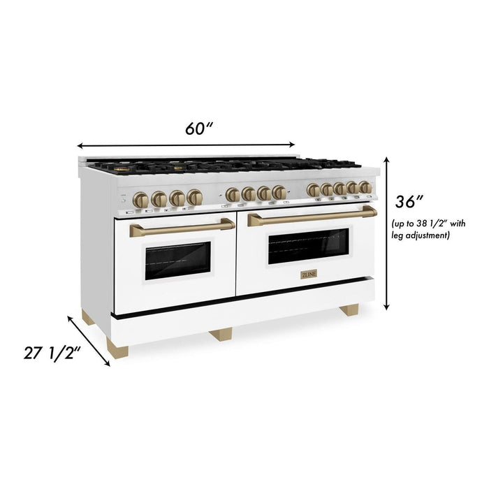 ZLINE 60 Inch Autograph Edition Dual Fuel Range In Stainless Steel with White Matte Door and Champagne Bronze Accents RAZ-WM-60-CB