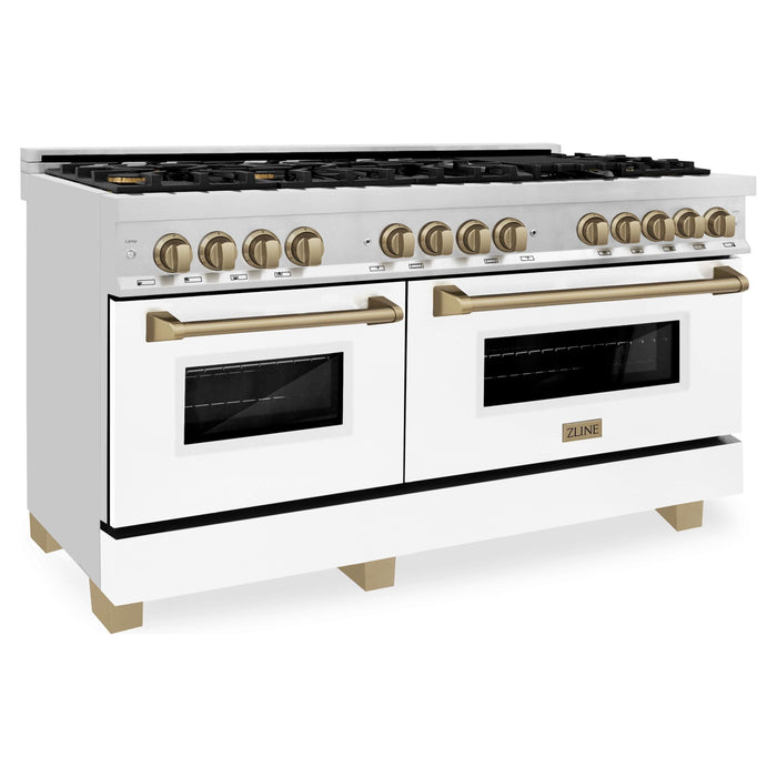 ZLINE 60 Inch Autograph Edition Dual Fuel Range In Stainless Steel with White Matte Door and Champagne Bronze Accents RAZ-WM-60-CB