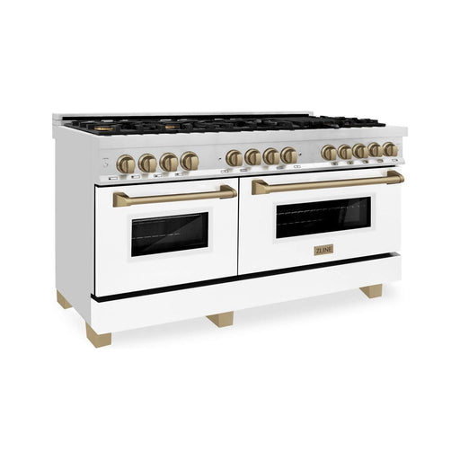 ZLINE 60 Inch Autograph Edition Dual Fuel Range In Stainless Steel with White Matte Door and Champagne Bronze Accents RAZ-WM-60-CB