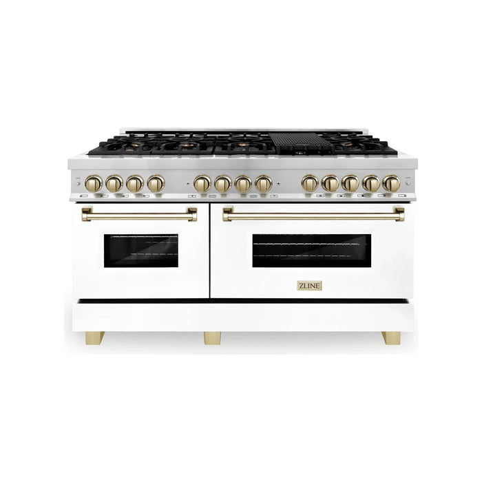 ZLINE 60 Inch Autograph Edition Dual Fuel Range In Stainless Steel with White Matte Door and Gold Accents RAZ-WM-60-G