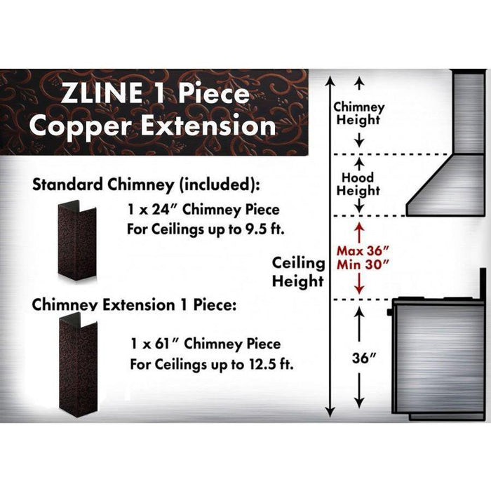 ZLINE Range Hood Accessories ZLINE 61 in. Copper Chimney Extension for Ceilings up to 12.5 ft, 8KBH-E