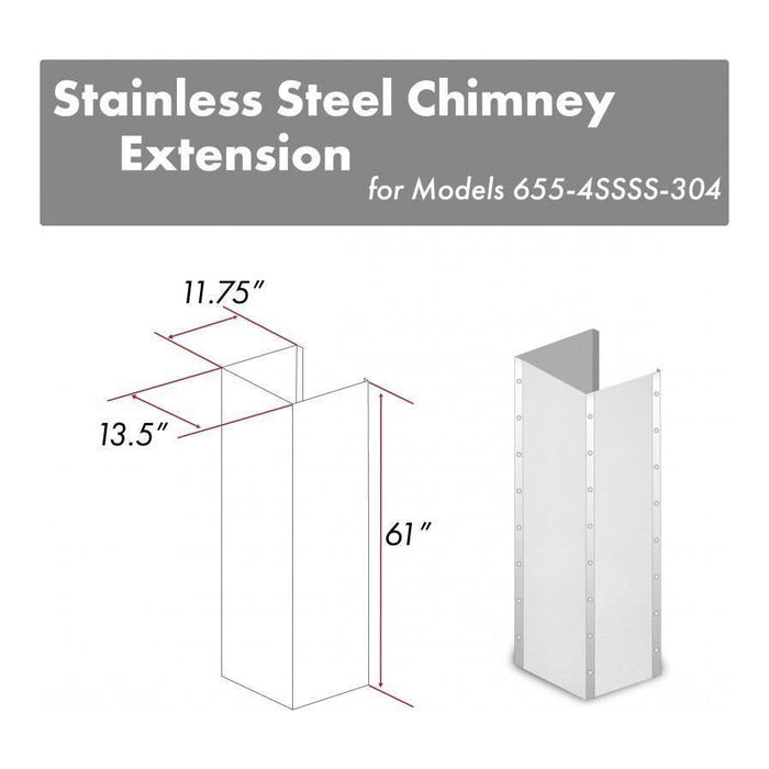 ZLINE Range Hood Accessories ZLINE 61 in. Stainless Steel Chimney Extension for Ceilings up to 12.5 ft, 655-4SSSS-304-E