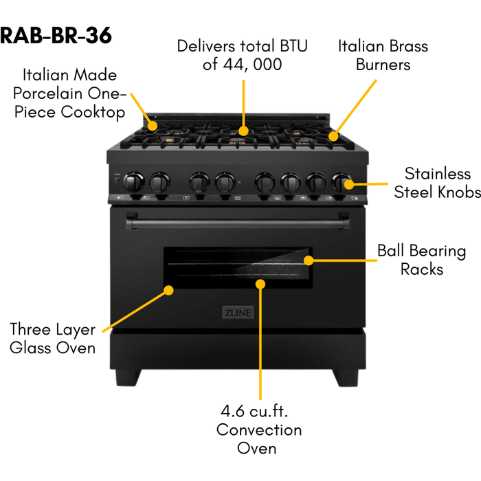 ZLINE Appliance Bundle - 36 in. Dual Fuel Range, Range Hood, Microwave Drawer, Refrigerator in Black Stainless, Bundle-4KPR-RABRH36-MW