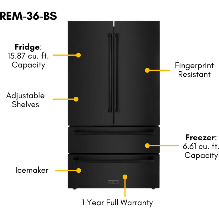 ZLINE Appliance Bundle - 36 in. Dual Fuel Range, Range Hood, Microwave Drawer, Refrigerator in Black Stainless, Bundle-4KPR-RABRH36-MW