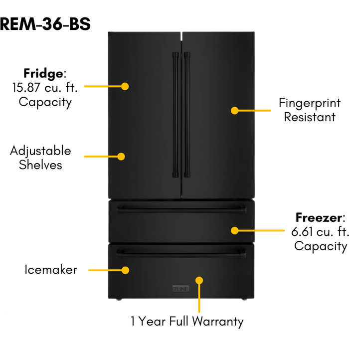 ZLINE Appliance Bundle - 36 in. Gas Range, Range Hood, Microwave Drawer, Refrigerator in Black Stainless, Bundle-4KPR-RGBRH36-MW