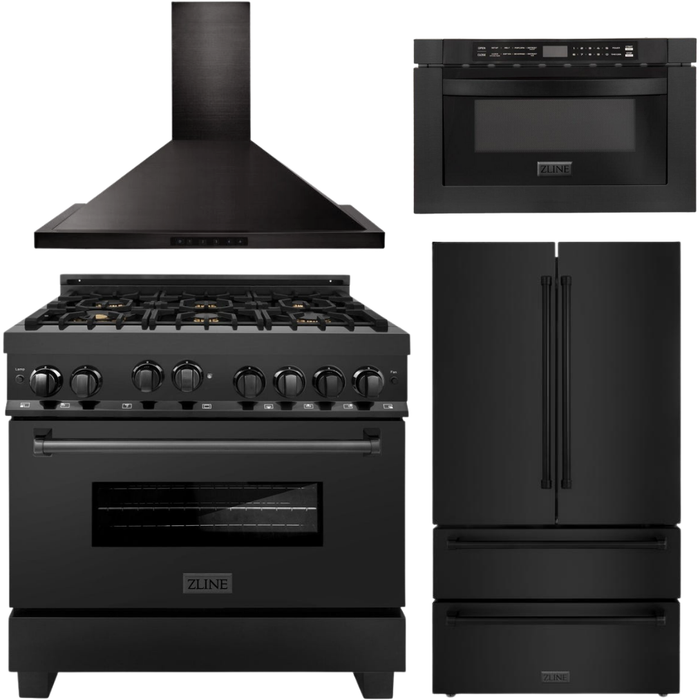 ZLINE Appliance Bundle - 36 in. Gas Range, Range Hood, Microwave Drawer, Refrigerator in Black Stainless, Bundle-4KPR-RGBRH36-MW