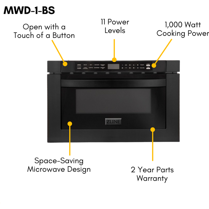 ZLINE Appliance Bundle - 36 in. Gas Range, Range Hood, Microwave Drawer, Refrigerator in Black Stainless, Bundle-4KPR-RGBRH36-MW