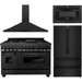 ZLINE Appliance Bundle - 48 in. Dual Fuel Range, Range Hood, Microwave Drawer, Refrigerator in Black Stainless, Bundle-4KPR-RABRH48-MW