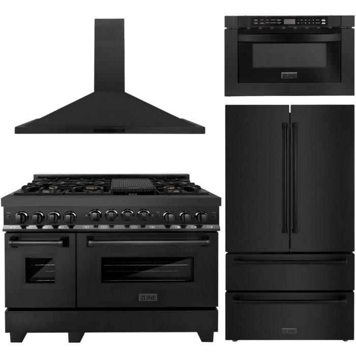 ZLINE Appliance Bundle - 48 In. Gas Range, Refrigerator, Range Hood, Microwave Drawer in Black Stainless Steel, Bundle-4KPR-RGBRH48-MW