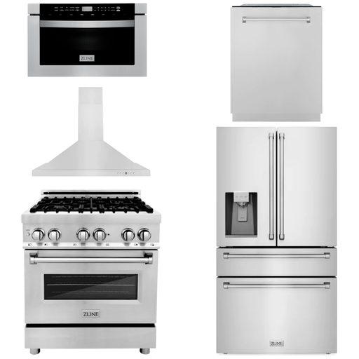 ZLINE Appliance Package - 30" Dual Fuel Range, Microwave Drawer, Range Hood, Refrigerator with Water and Ice Dispenser, Dishwasher, 5KPRW-RARH30-MWDWM