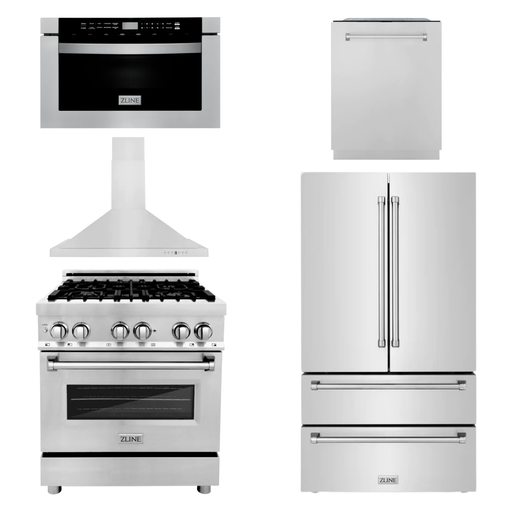 ZLINE Appliance Package - 30" Dual Fuel Range, Range Hood, Microwave Drawer, Top Touch Control Dishwasher, Refrigerator, 5KPR-RARH30-MWDWM