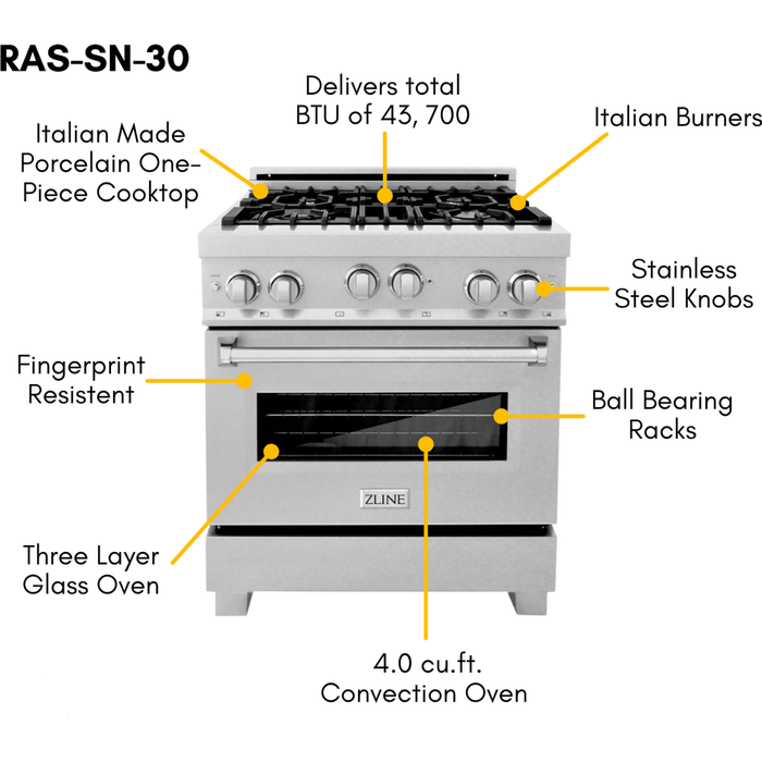 ZLINE Kitchen Appliance Packages ZLINE Appliance Package - 30 In. Dual Fuel Range and Over the Range Microwave in DuraSnow® Stainless Steel, 2KP-RASOTRH30
