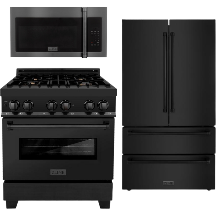 ZLINE Appliance Package - 30 in. Dual Fuel Range, Microwave, Refrigerator in Black Stainless, 3KPR-RABOTRH30