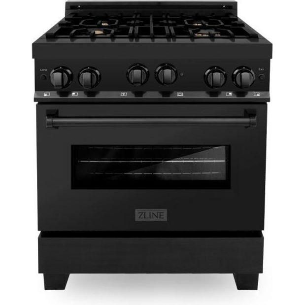 ZLINE Appliance Package - 30 in. Dual Fuel Range, Range Hood, Microwave Drawer, Refrigerator in Black Stainless, 4KPR-RABRH30-MW