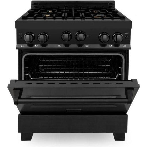 ZLINE Appliance Package - 30 in. Dual Fuel Range, Range Hood, Microwave Drawer, Refrigerator in Black Stainless, 4KPR-RABRH30-MW