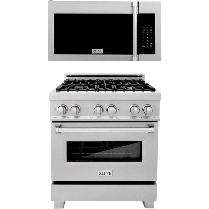 ZLINE Appliance Package - 30 In. Gas Range and Over the Range Microwave in DuraSnow® Stainless Steel, 2KP-RGSOTRH30