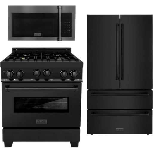 ZLINE Kitchen Appliance Packages ZLINE Appliance Package - 30 in. Gas Range, Microwave, Refrigerator in Black Stainless, 3KPR-RGBOTRH30