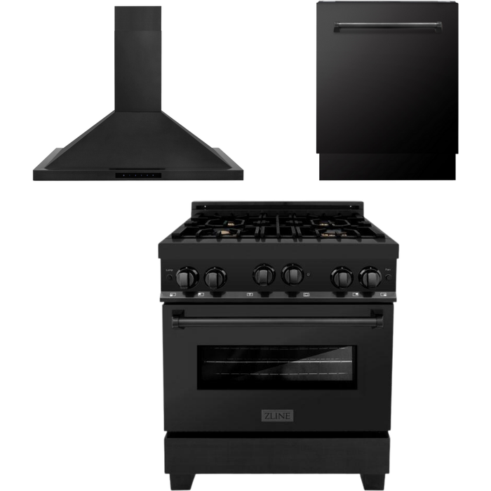 ZLINE Appliance Package - 30 In. Gas Range, Range Hood, Dishwasher in Black Stainless Steel, 3KP-RGBRH30-DWV