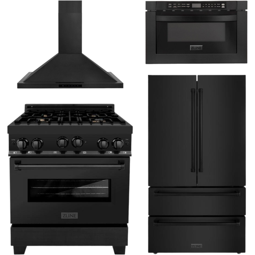 ZLINE Appliance Package - 30 in. Gas Range, Range Hood, Microwave, Refrigerator in Black Stainless, 4KPR-RGBRH30-MW