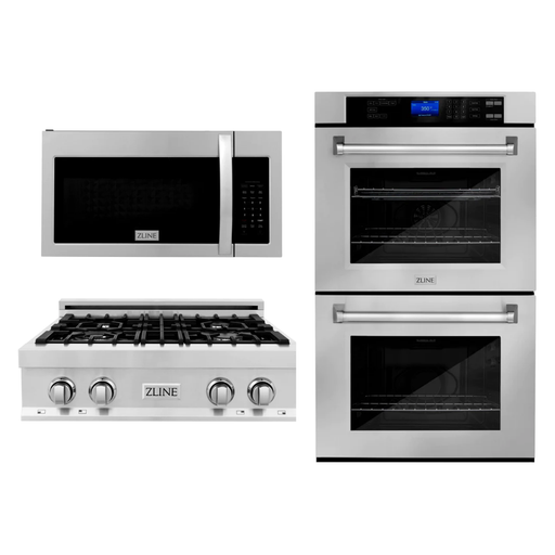 ZLINE Appliance Package - 30 in. Professional Double Wall Oven, 30 in. Rangetop, Over The Range Convection Microwave With Modern Handle In Stainless Steel, 3KP-RTOTR30-AWD