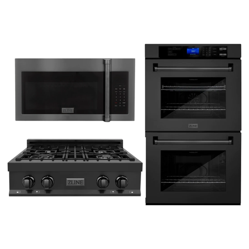 ZLINE Appliance Package - 30 in. Professional Double Wall Oven, 30 in. Rangetop, Over The Range Convection Microwave With Traditional Handle In Black Stainless Steel, 3KP-RTBOTRH30-AWD