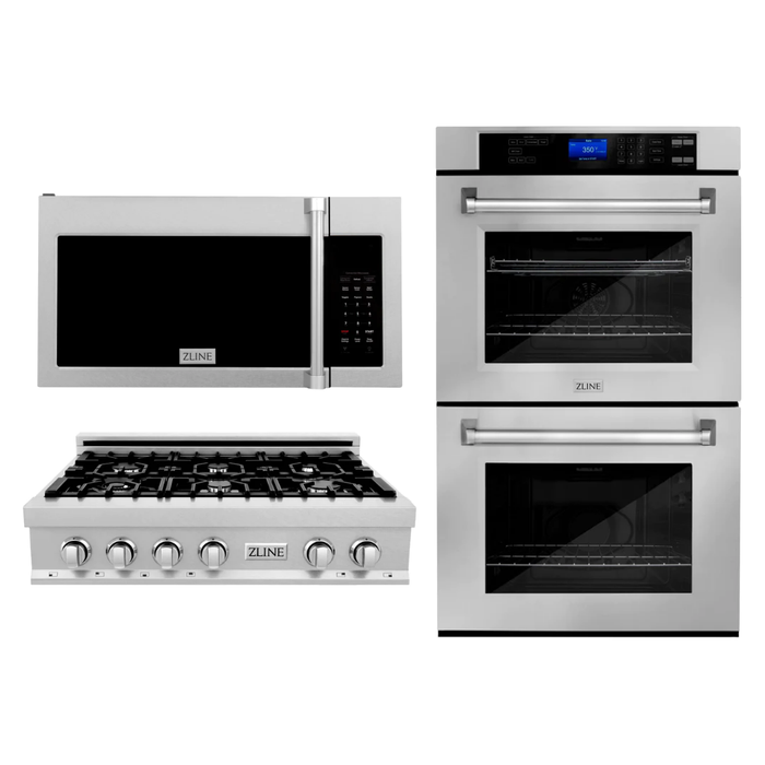 ZLINE Appliance Package - 30 in. Professional Double Wall Oven, 36 in. Rangetop, Over The Range Convection Microwave In DuraSnow® Stainless Steel, 3KP-RTSOTR30-AWD