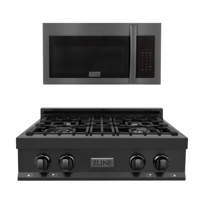 ZLINE Appliance Package - 30 in. Rangetop, Over The Range Convection Microwave With Modern Handle In Black Stainless Steel, 2KP-RTBOTR30