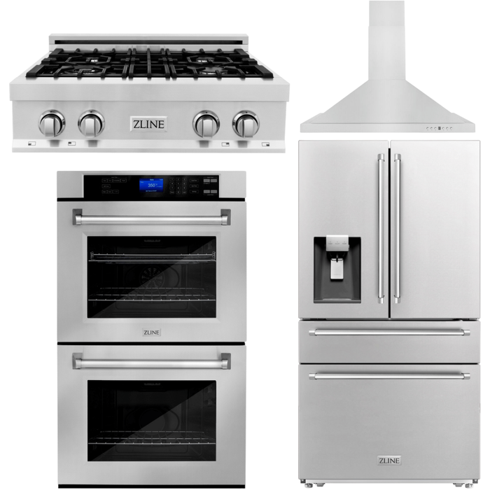 ZLINE Appliance Package - 30 In. Rangetop, Range Hood, Refrigerator with Water and Ice Dispenser and Wall Oven, 4KPRW-RTRH30-AWD