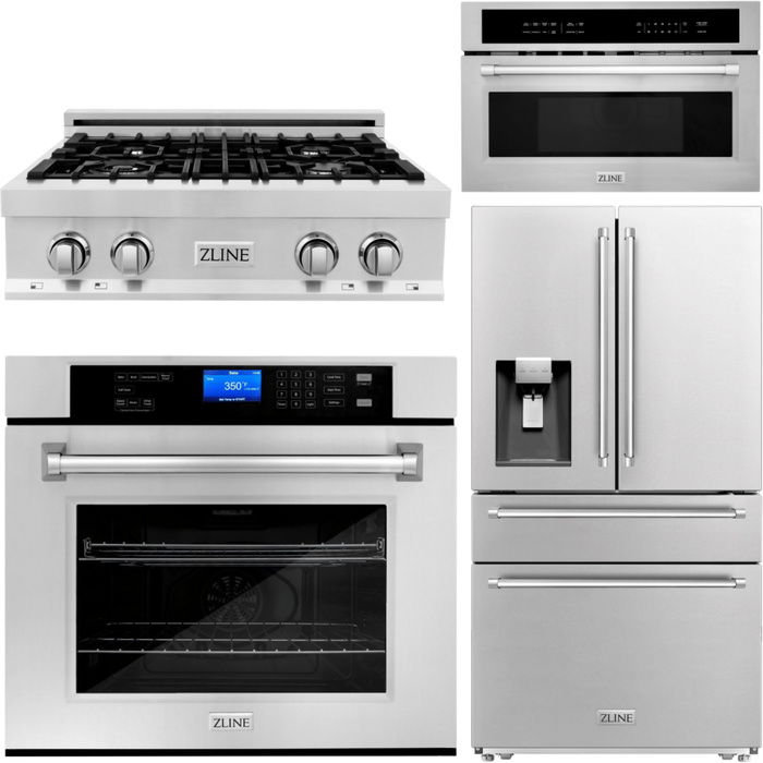 ZLINE Appliance Package - 30 In. Rangetop, Refrigerator with Water and Ice Dispenser, Microwave and Wall Oven in Stainless Steel, 4KPRW-RT30-MWAWS